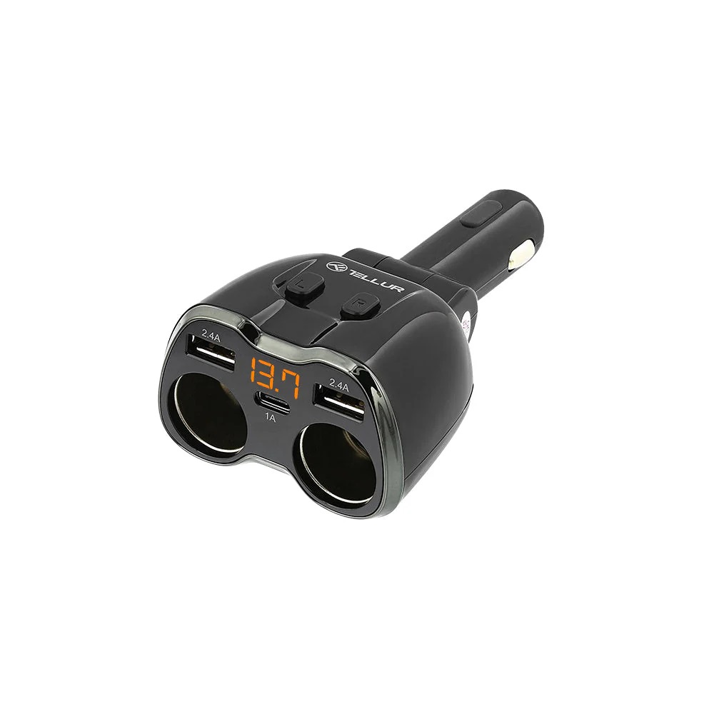 Two Sockets Cigarette Lighter Splitter Tellur 2 x USB + Type-C