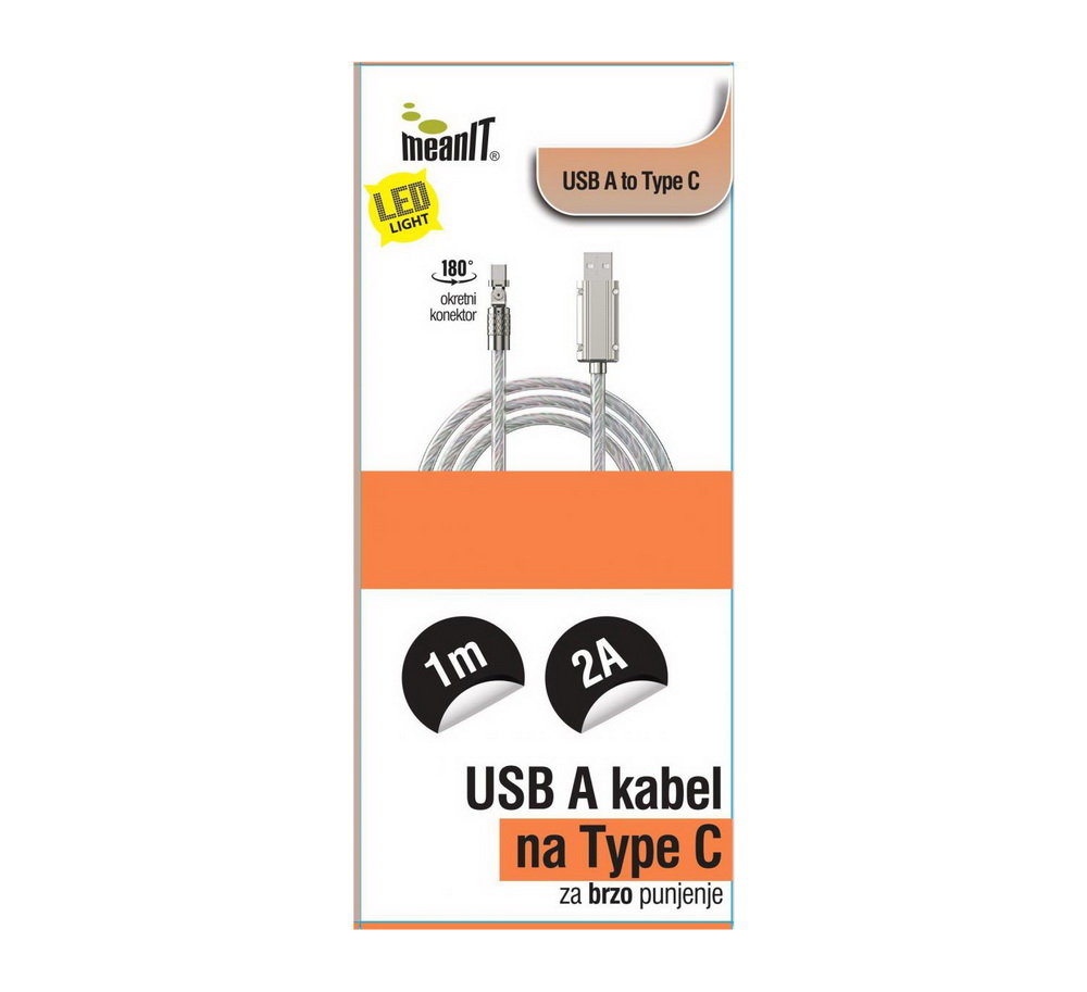 Cable USB-A to Type-C 1m MeanIT LED Blue