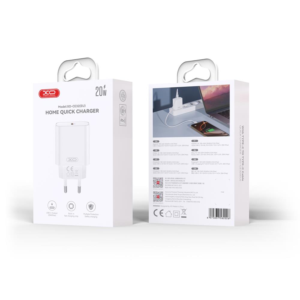 USB Universal Power Charger XO CE32 20W Type-C w/USB-C Cable White